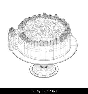 Torta wireframe. Torta di compleanno in stile disegno con linee di contorno. Torta di compleanno tradizionale sulla parte superiore minimalista schizzo lineare nero isolato su bianco Illustrazione Vettoriale