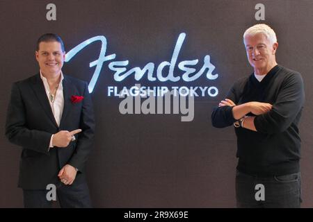 Tokyo, Giappone. 29 giugno 2023. Il CEO di fender Musical Instruments Corporation Andy Mooney(R) e il presidente della Fender Asia Pacific Region Edward Cole partecipano alla cerimonia di apertura della Fender Flagship Tokyo a Harajuku, Tokyo, Giappone, giovedì 29 giugno 2023. Questo negozio aprirà a giugno 30 2023. Foto di Keizo Mori/UPI Credit: UPI/Alamy Live News Foto Stock