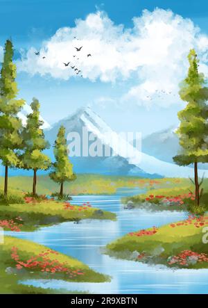 paesaggio soleggiato dipinto a mano con montagne sullo sfondo in uno stile impressionista Illustrazione Vettoriale