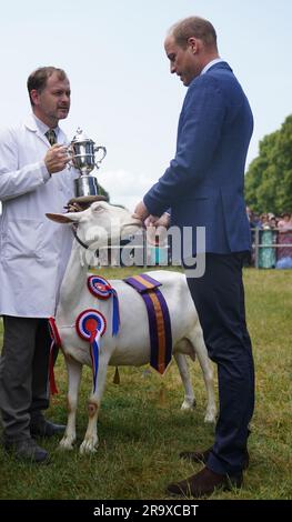 Il principe di Galles presenta il trofeo della regina a una capra chiamata Teion Meika, che è di razza Saanen britannica, e al suo gestore Teigh o'Neill durante il Royal Norfolk Show al Norfolk Showground di Norwich. Data foto: Giovedì 29 giugno 2023. Foto Stock