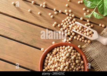 Fagioli di soia secchi in un recipiente di argilla su un tavolo di legno con più fagioli, sacco e cucchiaio decorato con foglie. Vista dall'alto. Foto Stock