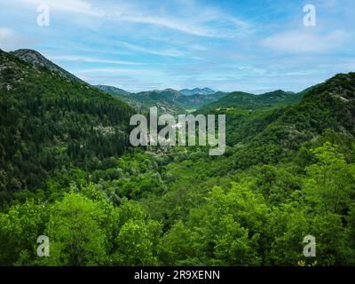 Vista panoramica delle montagne e della foresta vicino al lago Skadar Foto Stock