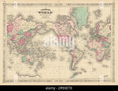 Johnson's World sulla proiezione di Mercator. Vecchia mappa del 1866 incentrata sulle Americhe Foto Stock