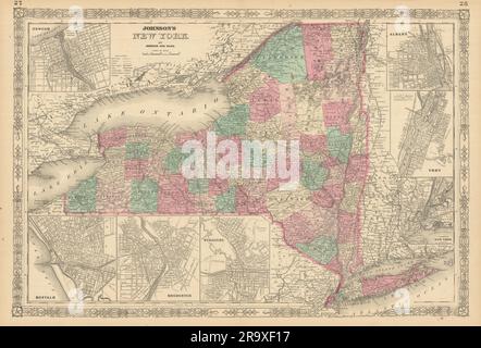 La mappa dello stato di Johnson a New York. Albany Troy Rochester Buffalo Syracuse 1866 Foto Stock