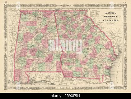 Johnson's Georgia & Alabama. Mappa dello stato DEGLI STATI UNITI che mostra le contee vecchie di 1866 anni Foto Stock
