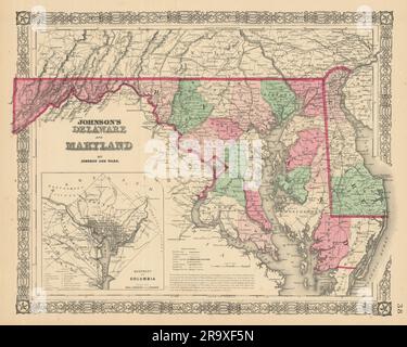 Johnson's Delaware, Maryland e District of Columbia. Le contee 1866 vecchia mappa Foto Stock