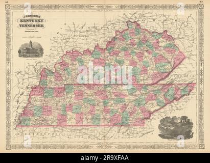 Johnson's Kentucky e Tennessee. Mappa dello stato DEGLI STATI UNITI che mostra le contee vecchie di 1866 anni Foto Stock