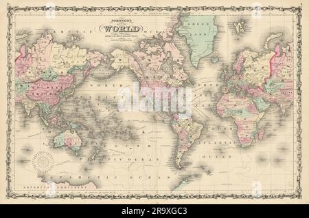 Johnson's World sulla proiezione di Mercator. Vecchia mappa del 1861 incentrata sulle Americhe Foto Stock