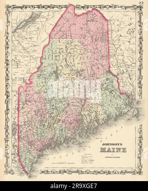 Johnson's Maine. Mappa dello stato DEGLI STATI UNITI che mostra le contee. New England, 1861 anni Foto Stock