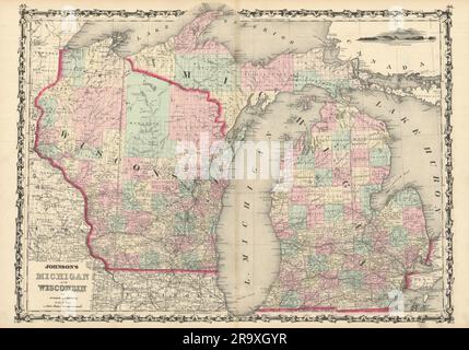 Johnson's Wisconsin & Michigan. Mappa dello stato che mostra le contee. Grandi Laghi 1861 Foto Stock