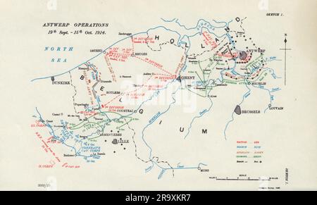 Assedio di Anversa. Operazioni dal 19 settembre al 15 ottobre 1914. Prima guerra mondiale. mappa 1925 Foto Stock