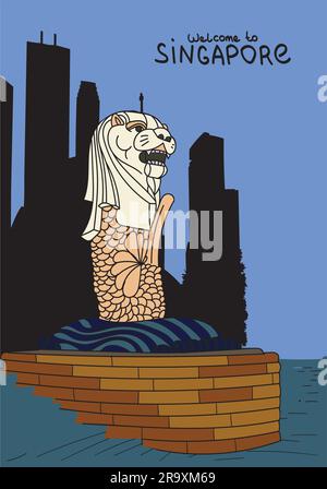 Skyline di Singapore a Marina Bay, Merlion uno dei punti di riferimento di Singapore, design vettoriale Illustrazione Vettoriale