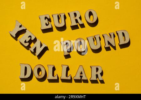 Euro, Yen, Pound, Dollar, parole in caratteri alfabetici di legno isolate su sfondo giallo Foto Stock