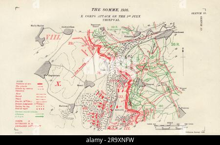 Somme, 1916. Attacco X Corps, 1 luglio. Thiepval. WW1. Trincee 1932 vecchia mappa Foto Stock