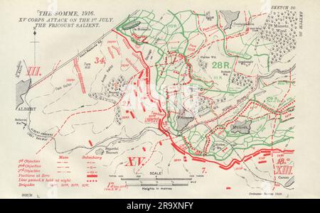 Somme, 1916. Attacco del XV corpo, 1 luglio. Fricourt Salient. WW1. Mappa trincee 1932 Foto Stock