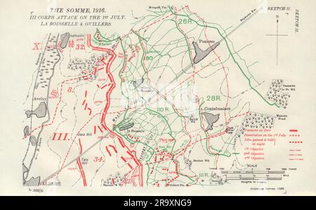 Somme. III corpo attacco 1 luglio 1916. La Boisselle/Ovillers. Mappa trincee 1932 Foto Stock