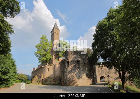 Castello costruito nel 1270 a Hirschhorn am Neckar, valle del Neckar, Odenwald, Assia, Germania Foto Stock