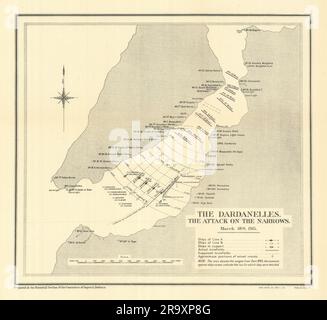 Dardanelli. Attacco allo stretto, 18 marzo 1915. Mappa della campagna di Gallipoli 1921 Foto Stock