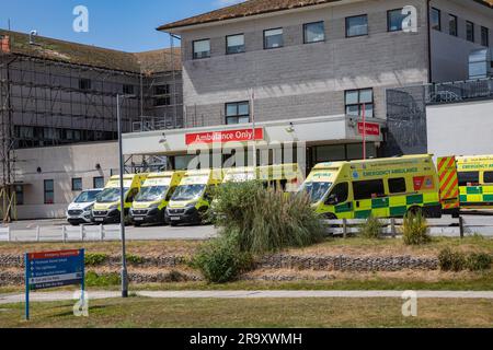 Truro, Regno Unito. 29 giugno 2023. Le ambulanze aspettano fuori A & e al Royal Cornwall Hospital di Treliske, Truro in una giornata di sole. I pazienti devono attendere il loro turno, che può richiedere molte ore per essere portati in a&e per essere visti. Crediti: Keith Larby/Alamy Live News Foto Stock