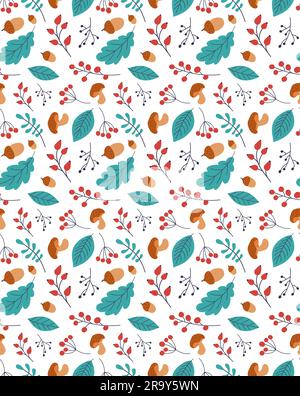 Motivo vettoriale senza cuciture foglie autunnali. Foglie autunnali disegnate a mano. Design per poster, tessuti da cucina, abbigliamento e carta da parati. Foglie di quercia colorata, frassino, pioppo, betulla, acacia. fungo, ghiande, rowan Illustrazione Vettoriale