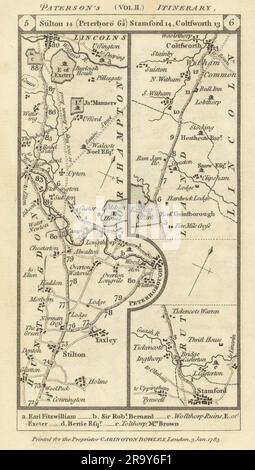 Stilton-Peterborough-Stamford-Colsterworth Road strip MAP PATERSON 1785 Foto Stock