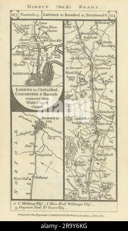 Norwich. West Ham-Romford-Brentwood-Billericay Road strip MAP PATERSON 1785 Foto Stock