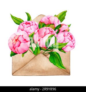 Busta Kraft con peonie rosa isolate su sfondo bianco. Illustrazione per la progettazione di inviti, biglietti di auguri, loghi, etichette, cancelleria Foto Stock