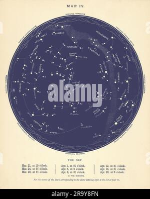 STAR MAP IV Il cielo notturno. Marzo-aprile. Astronomia. PROCTOR 1896 vecchio Foto Stock