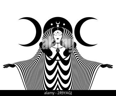 Triplice dea magica, sacerdotessa. Bella fata con corna e abito lungo. Gotico wiccan witch design sacro femminile, magica luna nera. Vettore Illustrazione Vettoriale