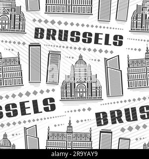 Modello senza giunture Vector Brussels, sfondo quadrato ripetuto con illustrazione del famoso paesaggio europeo di bruxelles su sfondo bianco, monocromatico Illustrazione Vettoriale