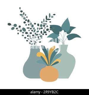 Vasi di ceramica con piante della casa. Piante della casa in pentole. Illustrazione vettoriale disegnata a mano. Piante di casa alla moda in stile piatto. Sfondo bianco. Illustrazione Vettoriale