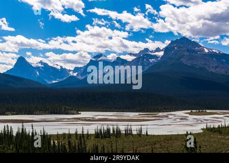 Splendide vedute delle montagne con il fiume in primo piano lungo Icefields Parkway, Canada Foto Stock