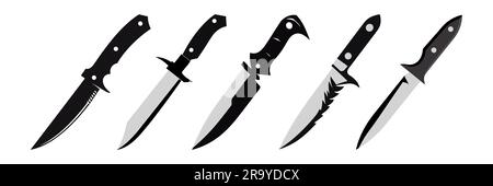 Impostare l'icona del coltello nero in stile piatto isolata su sfondo bianco. Icona coltello da caccia. Illustrazione vettoriale Illustrazione Vettoriale
