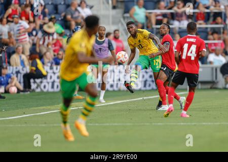 St Louis, Missouri. USA; il difensore giamaicano Damion Lowe (17) passa la palla sul campo all'attaccante giamaicano Dujuan Richards (14) durante una CONCACAF Gold Cup Foto Stock