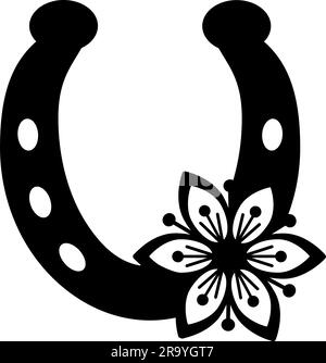 Ferro di cavallo e girasole. Monogramma. Disegno del contorno. Illustrazione del vettore di linea. Isolato su sfondo bianco. Design di inviti, matrimoni o biglietti d'auguri. Illustrazione Vettoriale