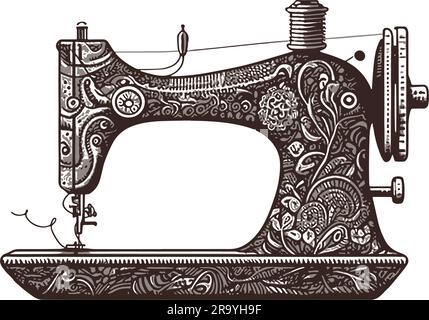 Illustrazione della macchina da cucire vintage. Illustrazione del vettore della vecchia macchina da cucire con inchiostro nero Illustrazione Vettoriale