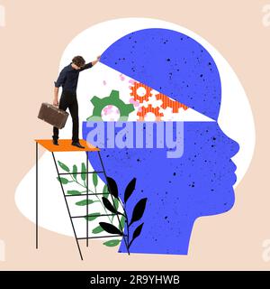 Uomo, psicologo che ripara il cervello, disturbi mentali e mantiene pace e calma. Collage d'arte contemporanea. Foto Stock