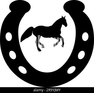 Logo cavallo e ferro di cavallo su sfondo bianco. Illustrazione Vettoriale