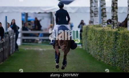 Aquisgrana, Germania. 29 giugno 2023. Sport equestre, salto: CHIO, Coppa delle nazioni. Il pilota tedesco Simone Blum ritira il suo cavallo "DSP Alice". Crediti: Rolf Vennenbernd/dpa/Alamy Live News Foto Stock