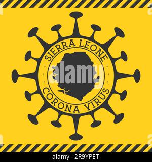 Segnale del coronavirus in Sierra Leone. Distintivo rotondo con forma di virus e mappa della Sierra Leone. Timbro di blocco per l'epidemia del paese giallo. Illustrazione vettoriale. Illustrazione Vettoriale