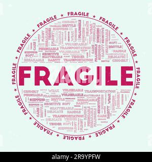 Fragile - distintivo rotondo. Testo fragile con nuvole di parole chiave e testo circolare. Tema di colore Secret Affair e texture grunge. Illustrazione Vettoriale