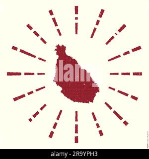 Logo dell'isola di Santiago. Poster per le esplosioni di sole grunge con mappa dei bordi. Forma dell'isola di Santiago piena di cifre esagonali con raggi solari intorno. vecto radiante Illustrazione Vettoriale