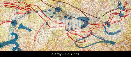 Illustrazione della mappa del libro della seconda guerra mondiale francese stampata nel 1946 che mostra i movimenti dell'esercito alleato e dell'asse sul territorio francese nel 1944. Foto Stock