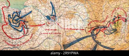 Illustrazione della mappa del libro della seconda guerra mondiale francese stampata nel 1946 che mostra i movimenti dell'esercito alleato e dell'asse sul territorio francese nel 1944. Foto Stock