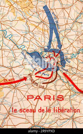 Illustrazione della mappa del libro della seconda guerra mondiale francese stampata nel 1946 che mostra i movimenti dell'esercito alleato e dell'asse sul territorio francese nel 1944. Foto Stock