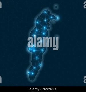 Mappa della rete di San Andres. Mappa geometrica astratta dell'isola. Progettazione di connessioni digitali e telecomunicazioni. Rete Internet luminosa. Illustrazione Vettoriale