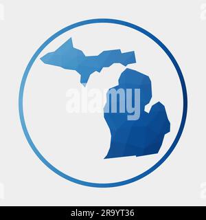 Icona del Michigan. Mappa poligonale dello stato degli Stati Uniti nell'anello gradiente. Cartello rotondo basso in polietilene Michigan. Illustrazione vettoriale. Illustrazione Vettoriale