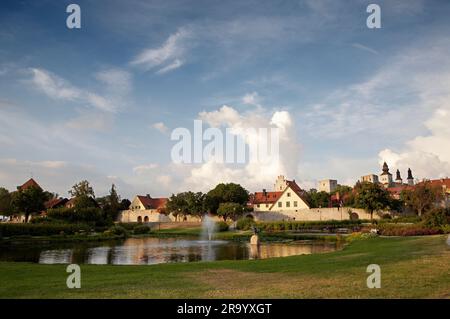 Laghetto nel parco Almedalen con case sullo sfondo a Visby, Gotland, Svezia Foto Stock