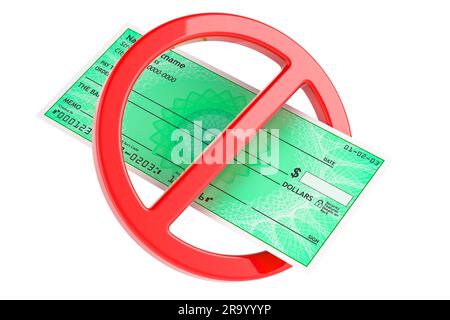 Assegno bancario con simbolo di divieto. Rendering 3D isolato su sfondo bianco Foto Stock