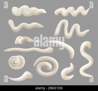 Gocce di maionese, versamenti e schizzi, macchie, sbavature e schizzi. Set vettoriale 3d isolato e realistico di mayo, salsa al formaggio o crema alla vaniglia. Colpi, vortici, gocce di yogurt o mousse cosmetica Illustrazione Vettoriale